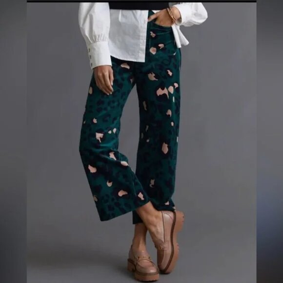Maeve Anthropologie Pants Womens 26 Green Leopard The Colette Corduroy Wide Leg - Picture 1 of 14